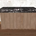 Golden Ribbed Console Cabinet With Black Marble Top Against White Brick Wall On Wooden Floor