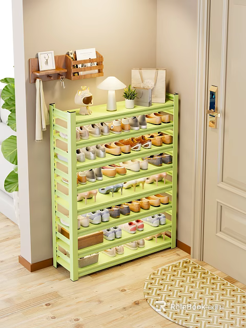Green Multi Layer Shoe Rack Near Doorway With Various Shoes And Decorative Plants 3d model 