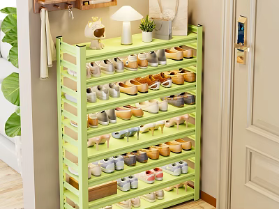 Green Multi Layer Shoe Rack Near Doorway With Various Shoes And Decorative Plants 3d model