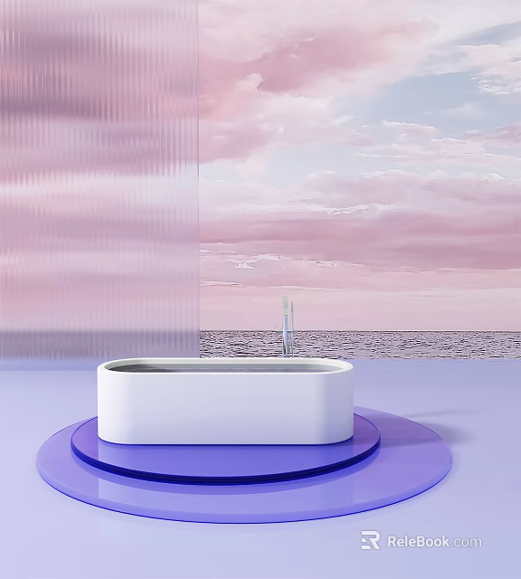 Modern White Bathtub On Purple Platform With Pink Cloud Background And Transparent Screen 3d model 