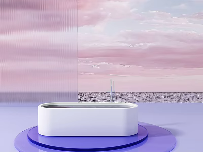 Modern White Bathtub On Purple Platform With Pink Cloud Background And Transparent Screen 3d model