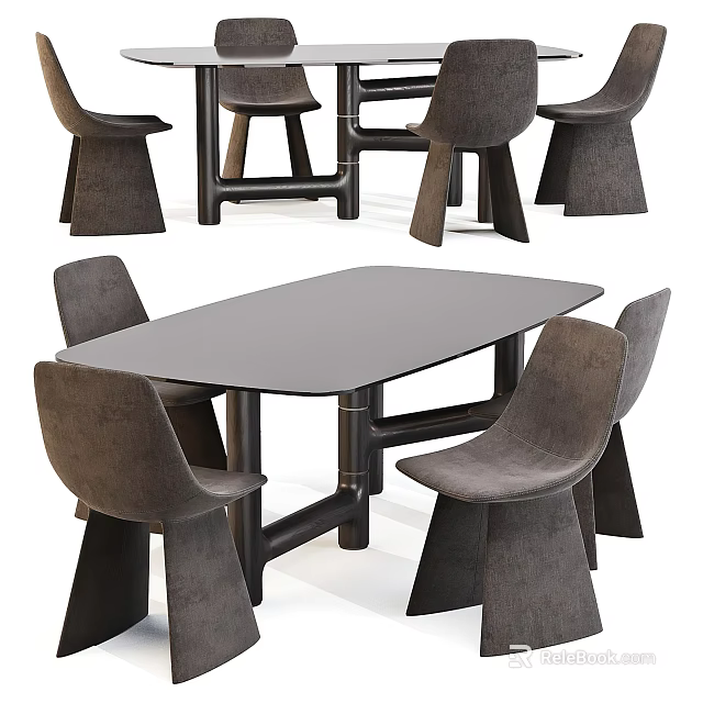 Modern Dining Table Set With Upholstered Gray Chairs And Sleek Black Rectangular Table 3d model 