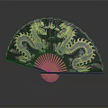 Decorative Fan Pendant With Black Background And Yellow Gray Dragon Patterns And Orange Ribs