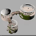 Circular Architectural Structure With White Domes Connecting Bridge Green Vines Staircase And Small Pond