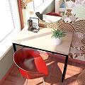Modern Desk Setup With Red Chair Small Potted Plant And Decorative Wall Patterns