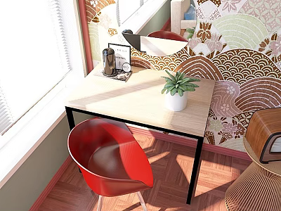 Modern Desk Setup With Red Chair Small Potted Plant And Decorative Wall Patterns 3d model