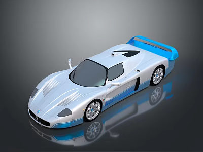 Silver Sports Car with Blue Rear Wing Sleek Aerodynamic Design and Shiny Reflective Surface 3d model