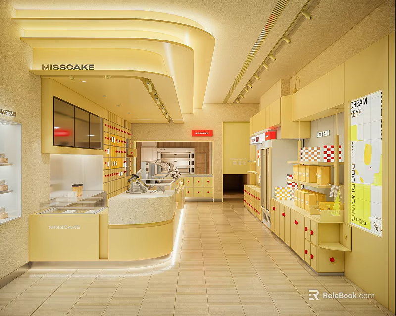 MISSOAKE Dessert Shop Bright Yellow Toned Interior With Open Counter And Dessert Display Shelves 3d model 