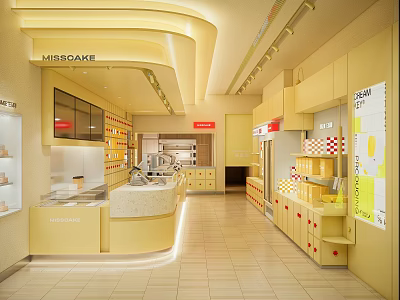 MISSOAKE Dessert Shop Bright Yellow Toned Interior With Open Counter And Dessert Display Shelves 3d model