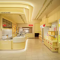 MISSOAKE Dessert Shop Bright Yellow Toned Interior With Open Counter And Dessert Display Shelves