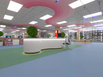Modern Lobby Interior With Curved Pink Ceiling White Reception Desk And Green Plants 3d model