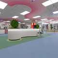 Modern Lobby Interior With Curved Pink Ceiling White Reception Desk And Green Plants