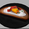 Yellow Cartoon Character On Bread With White Sauce Red Strips Green Garnishes On Black Plate