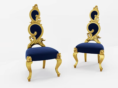 Luxurious Dining Chairs With Golden Frame And Blue Upholstery Carved Details 3d model