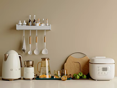 Organized Kitchen Counter With Hanging Utensils Electric Kettle Rice Cooker And Cutting Board 3d model