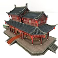 Traditional Chinese Ancient Architecture Red Wooden Structure With Black Tiled Roof And Red Stone Steps