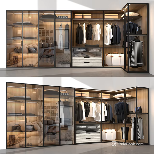 Modern Wardrobe Interior With Glass Doors Hanging Clothes Wooden Frames And Storage Drawers 3d model 