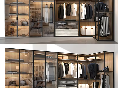 Modern Wardrobe Interior With Glass Doors Hanging Clothes Wooden Frames And Storage Drawers 3d model