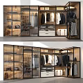 Modern Wardrobe Interior With Glass Doors Hanging Clothes Wooden Frames And Storage Drawers