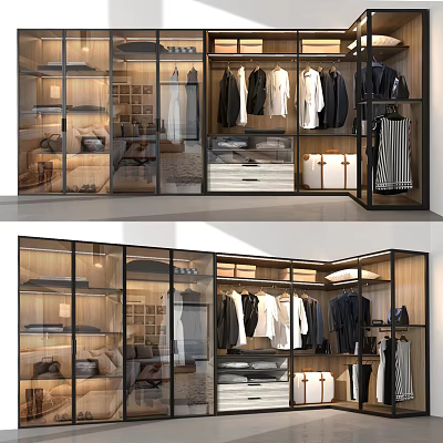 Modern Wardrobe Interior With Glass Doors Hanging Clothes Wooden Frames And Storage Drawers 3d model