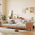 Light Gray Three Seater Sofa With Decorative Pillows Wooden Legs And Wall Art