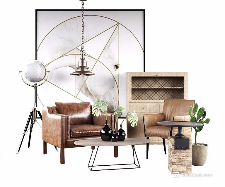 Modern Leather Sofa And Coffee Table Set With Decorative Painting Floor Lamp And Green Plants 3d model 