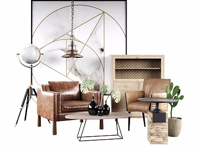 Modern Leather Sofa And Coffee Table Set With Decorative Painting Floor Lamp And Green Plants 3d model