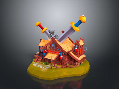 Wooden Cabin Model Featuring Crossed Swords Red Blue Handles Staircase Grass And Stones 3d model
