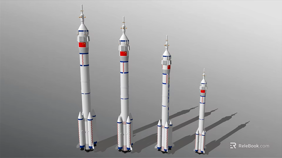 Chinese Rocket Models In Different Sizes With Red Markings On Gray Background 3d model