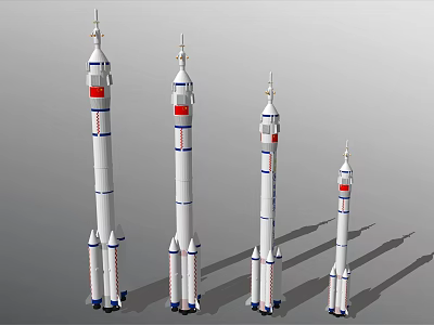 Chinese Rocket Models In Different Sizes With Red Markings On Gray Background 3d model
