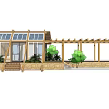 Wooden Log Cabin With Gabled Roof Glass Windows And Wooden Pergola Surrounded By Green Plants