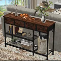 Wooden Top Metal Frame Shelving Unit for Living Room Storage with Fruits Vase Books Baskets