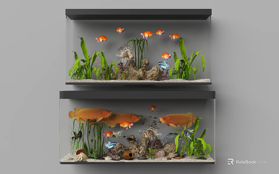 Stacked Aquarium Fish Tanks With Colorful Fish Aquatic Plants And Decorative Rocks 3d model 