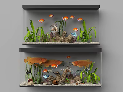 Stacked Aquarium Fish Tanks With Colorful Fish Aquatic Plants And Decorative Rocks 3d model