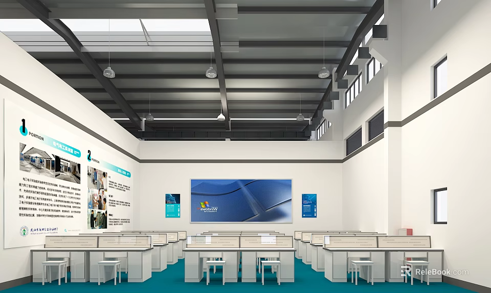 Modern Office Space With Workstations And Display Boards 3d model 