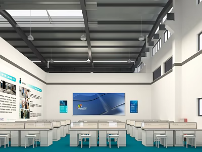 Modern Office Space With Workstations And Display Boards 3d model