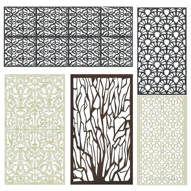 Elegant Room Dividers Featuring Laser Cut Geometric And Tree Branch Patterns 3d model