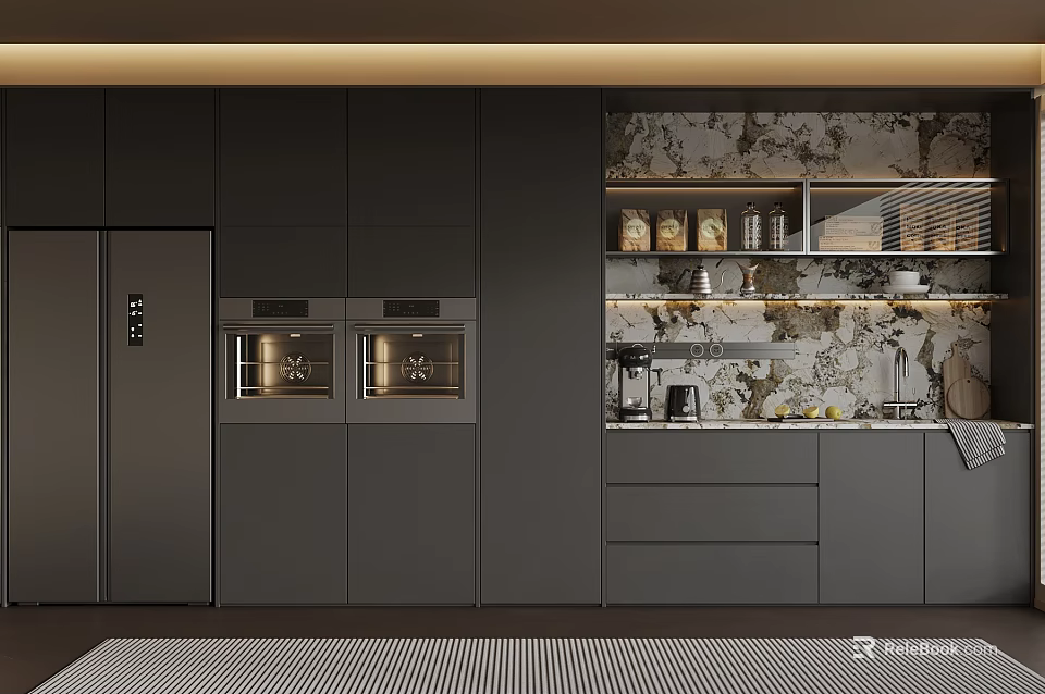 Modern Kitchen Interior With Gray Cabinets Double Ovens And Marble Backsplash 3d model