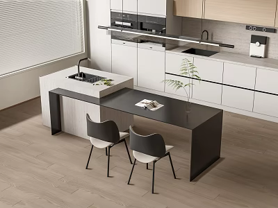 Modern Kitchen Interior Dining Table Set With Chairs Sink And Cabinet 3d model