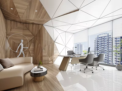 Modern Office Interior Featuring Geometric Ceiling Wooden Walls Sofa Desk Chairs And City View 3d model
