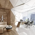 Modern Office Interior Featuring Geometric Ceiling Wooden Walls Sofa Desk Chairs And City View
