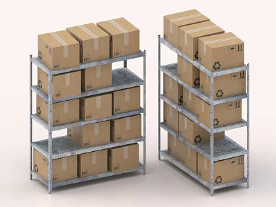 Two Units Of Sturdy Metal Storage Shelves With Multiple Layers Holding Cardboard Boxes 3d model