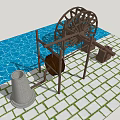 Rustic Garden Ornament with Water Wheel Well Frame Water Pool and Paved Ground