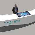 Tourist Service Center Modern Reception Desk With Curved White Design Digital Screen And Male Staff