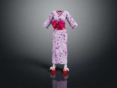 Purple Kimono With Cherry Blossom Patterns And Pink Obi Red Shoes 3d model