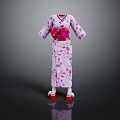 Purple Kimono With Cherry Blossom Patterns And Pink Obi Red Shoes