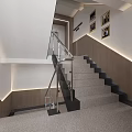 Modern Interior Staircase With Stainless Steel Handrail Gray Steps Black Edges And Wall Lighting