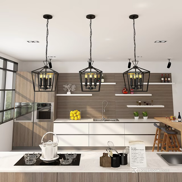 Black Lantern Pendant Lights Hanging In Modern Kitchen With Wooden Cabinets And White Countertop 3d model 