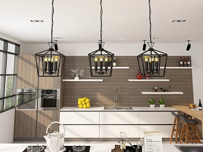 Black Lantern Pendant Lights Hanging In Modern Kitchen With Wooden Cabinets And White Countertop 3d model
