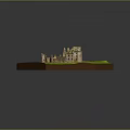 Cartoon Castle Model Scene With Green Grass Moat And Stone Towers